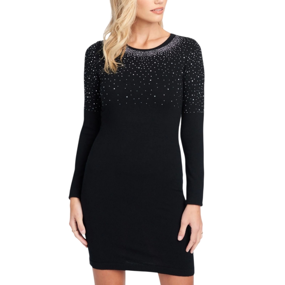 bebe Black Sweater Mini Dress with Silver Rhinestone Shimmering Accents